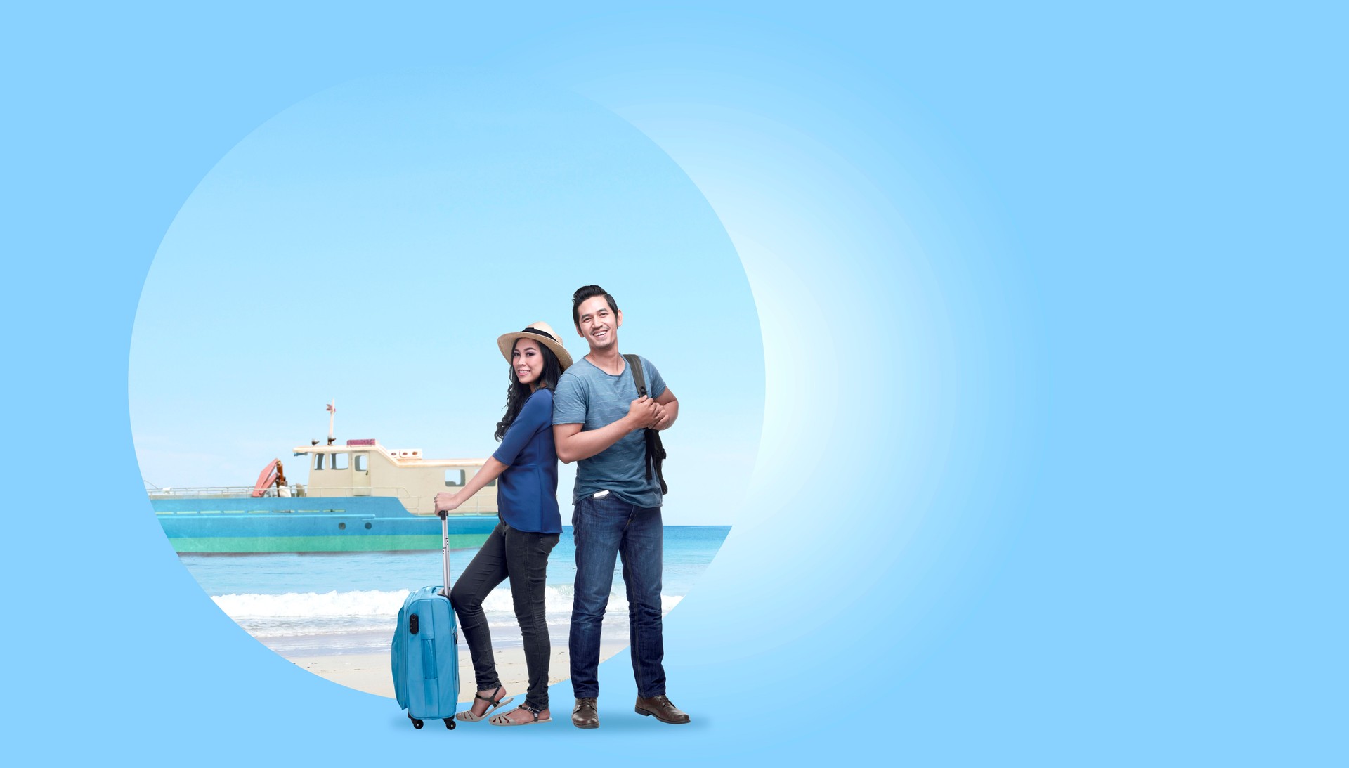 Asian couple with suitcase bag and backpack standing with sandy beach background