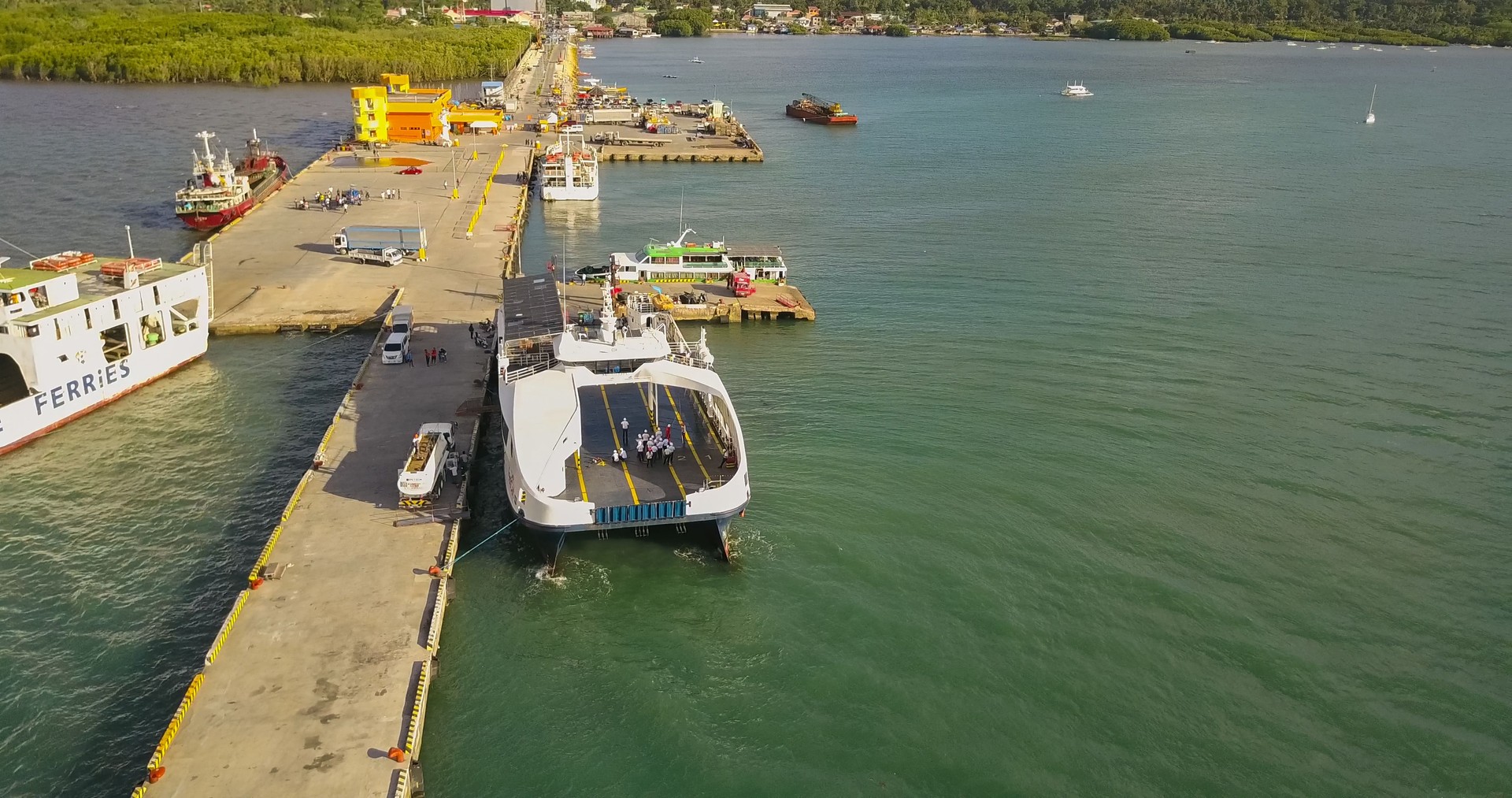 Tubigon, Bohol, Philippines - Mar 2019: Aerial of the Port of Tubigon with docked Roro (Roll on Roll off) and cargo ships.